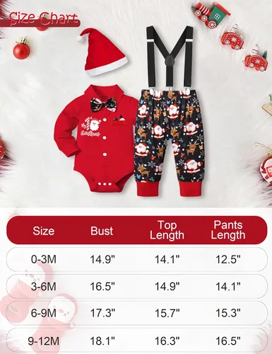 Vista 6 de Conjunto de 3 piezas de traje de Navidad para bebé niño con corbatín y tirantes, pantalones, gorro, conjunto de 3 piezas
