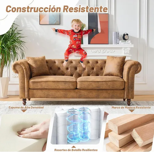 Vista 5 de Sofá Chesterfield de piel sintética de 66 pulgadas, cómodo sofá de dos plazas tapizado con reposabrazos enrollables y botón copetudo para sala
