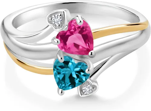 Vista 2 de Gem Stone King 925 Silver and 10K Yellow Gold Pink Created Sapphire London Blue Topaz and Lab Grown Diamond 2 Heart Promise Couple Engagement Mother