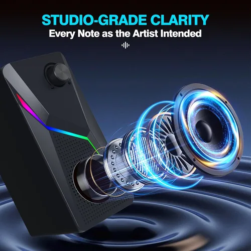 Vista 3 de Altavoces de computadora, altavoces de PC para escritorio con 6 modos de iluminación, accesorios para juegos de PC, altavoces de computadora