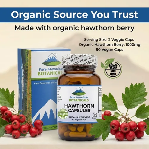 Vista 3 de Pure Mountain Botanicals Hawthorn Berry Cápsulas – 1000 mg de suplemento orgánico de espino por porción – 90 cápsulas veganas – Hawthorne Berry