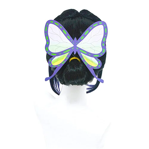Vista 3 de SKYBEAUTY Kochou Shinobu - Pelucas de cosplay con horquilla de mariposa, pelucas cortas de cola de caballo moradas y negras para mujeres y hombres