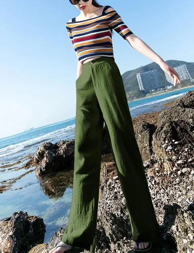 Vista 3 de Hooever - Pantalones casuales de cintura alta y pierna ancha, rectos con botones para mujer