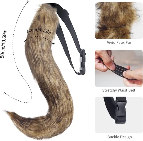 Vista 3 de Ravakeny Juego de cola de lobo y guantes, cola de zorro sin dedos, guantes de pata de lobo para Halloween, fiesta de disfraces, disfraz para niños