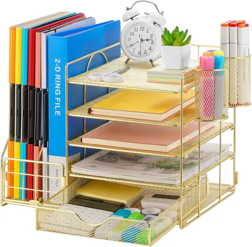 Vista 21 de Marbrasse - Organizador de escritorio con soporte para archivos, organizador de bandejas para papel tamaño carta de 5 niveles con cajón y 2 soportes