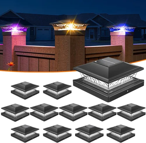 Vista 10 de APONUO - Luces solares para punta de poste con 8 colores RGB sólidos y flujo multicolor - Paquete de 4 luces solares para postes de 6x6, IP65