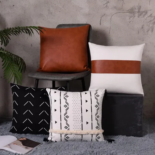 Vista 5 de Tosewever Juego de 4 fundas de almohada geométricas bohemias de 18 x 18 pulgadas, fundas de almohada de algodón de piel sintética a rayas modernas