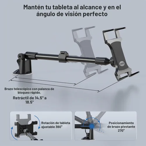 Vista 6 de ARKON Soporte de succión para parabrisas de brazo largo para tableta grande para Apple iPad Air iPad Pro Retail Negro - TAB-CM117, 16 x 6 x 3