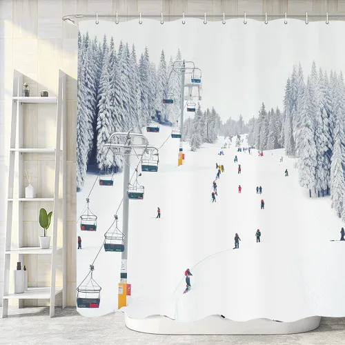 Vista 5 de NYMB Cortina de ducha deportiva, para invierno, vacaciones, viajes, nieve, esquí, teleférico, tela de poliéster, para baño, juego de accesorios