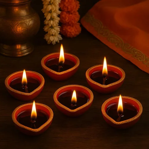 Vista 2 de Pure Source India Diya decorativa hecha a mano de terracota, 3 pulgadas, 6 piezas, multicolor