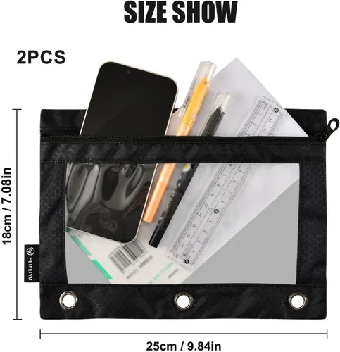 Vista 3 de Gredecor Estuche para lápices con 3 anillos con cremallera negra, paquete de 2 unidades, organizador de carpetas transparentes para ventana escolar