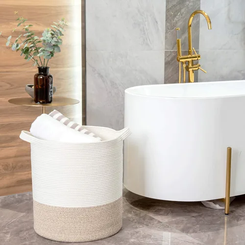 Vista 6 de MINTWOOD Design Cesta decorativa de cuerda de algodón tejida extra grande de 20 x 18 pulgadas, cesta alta para ropa sucia, cesta de manta para sala