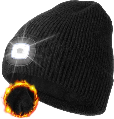 Vista 21 de MELASA Gorro de invierno con forro polar LED, recargable por USB, gorro cálido con luz integrada, regalos para hombres, papá, esposo, él