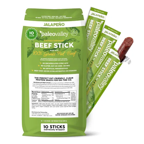 Vista 14 de Paleovalley: Palitos de carne 100% alimentados con pasto – Bocadillo orgánico paleo y keto con probióticos naturales – 40 palitos de carne seca
