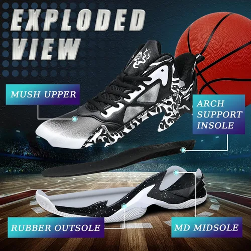 Vista 2 de Promenie Zapatos de baloncesto para hombre, antideslizantes, transpirables, para exteriores, zapatos de entrenamiento de graffiti de moda