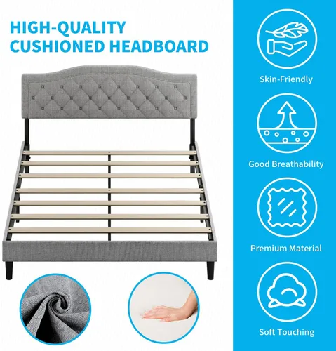 Vista 5 de Mjkone Base de cama tamaño King con cabecera ajustable, marco de cama tapizado con diseño capitoné con botones, no necesita somier, base de cama
