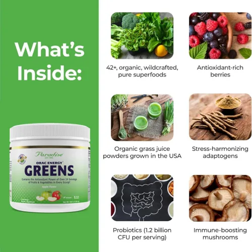 Vista 3 de Paradise Herbs ORAC Energy Greens, superalimento en polvo de manzana, más de 40,000 antioxidantes ORAC, verduras orgánicas, bayas, hongos