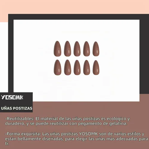 Vista 6 de Uñas postizas a presión marrón café, uñas postizas medianas de almendra, color sólido, cobertura completa, uñas postizas artificiales brillantes