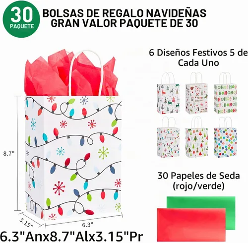Vista 3 de SUNCOLOR 30 pequeñas bolsas de regalo de Navidad con papel de seda