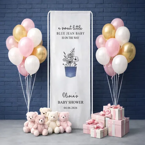 Vista 2 de Pancarta de Baby Shower de Blue Jean, pancarta personalizada de lino para baby shower