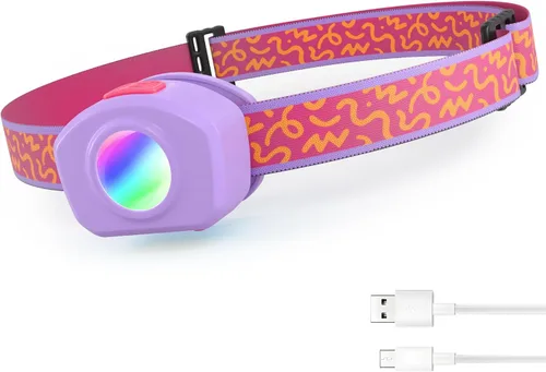 Vista 11 de EverBrite Linterna frontal LED recargable para niños con modo RGB y diadema ajustable, 3 modos multicolor para acampar, leer, explorar, Halloween