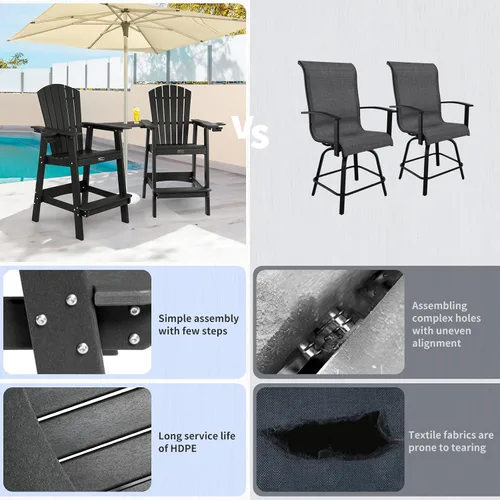 Vista 5 de FUNBERRY Juego de 2 sillas altas Adirondack con mesa de conexión extraíble, silla de balcón alta para todo tipo de clima con portavasos 2