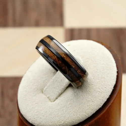 Vista 3 de 100S JEWELRY Anillos de tungsteno gris plomizo para hombre, barril de whisky, incrustaciones de madera de grano de madera, anillo de compromiso
