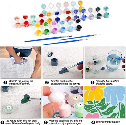 Vista 9 de Clendo Juego de 6 paquetes de pintura por números para adultos, kit de pintura por números de flores fáciles para adultos en lienzo sin marco