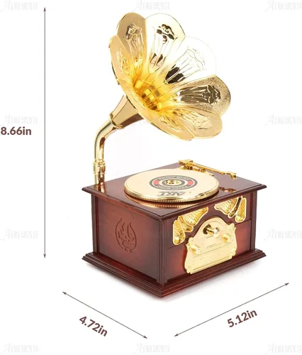 Vista 2 de AUEAR, Caja de música clásica de gramófono marrón para decoración de escritorio de mesa casera