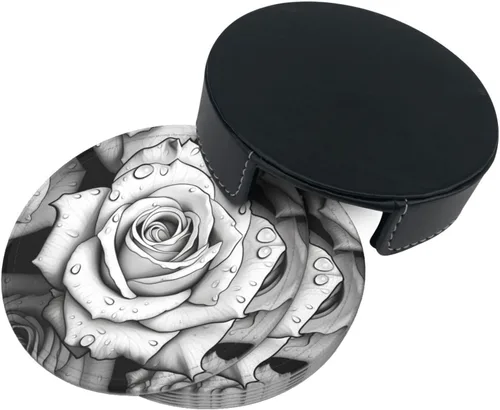 Vista 4 de Black White Rose Print 6 Pcs Round Coasters Leather Waterproof Drink Coasters Mugs Mat Pad with Holder for Living Room Kitchen Bar 3.9 Inch