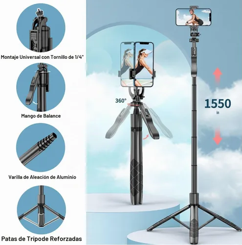 Vista 2 de Trípode de teléfono de 60 pulgadas y palo de selfie - Trípode para iPhone con control remoto, soporte extensible para teléfono celular