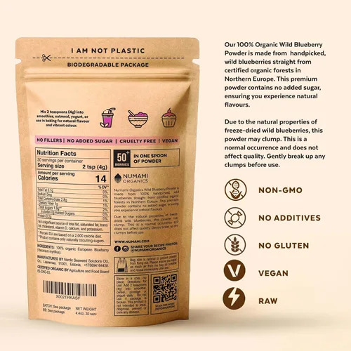 Vista 2 de Numami Polvo orgánico de arándanos silvestres, certificado por USDA, para batidos, hornear y saborizar, rico en antioxidantes, los arándanos