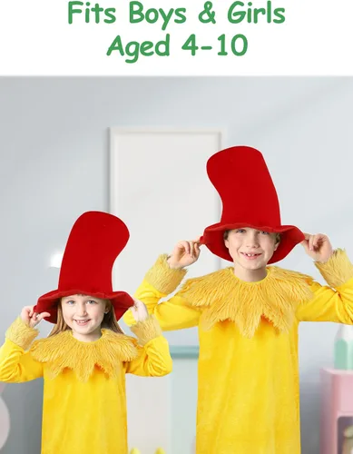 Vista 4 de SOMSOC Conjunto de disfraz clásico de libro de cuentos para niños, sombrero rojo de Stovepipe de felpa, chal mullido, calcetines hasta la rodilla