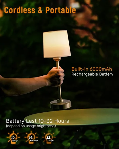 Vista 3 de Yogaret Lámpara de mesa inalámbrica LED dorada recargable, 6000 mAh, funciona con pilas, lámparas inalámbricas para sala de estar, restaurante