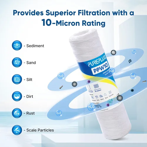 Vista 5 de PUREPLUS Filtro de sedimentos para heridas de cuerda para toda la casa de 10 micrones de 10 x 2.5 pulgadas para agua de pozo, cartucho de repuesto