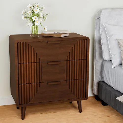 Vista 3 de HOMPUS Mesa auxiliar de 3 cajones, camisón marrón de 3 cajones, mesita de noche de madera de mediados de siglo, mesita de noche moderna