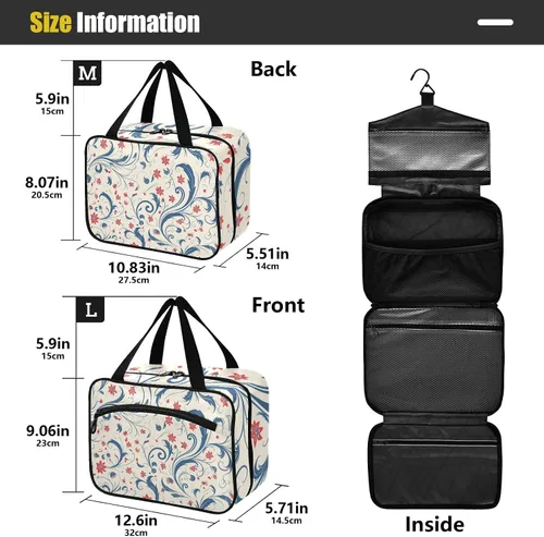 Vista 3 de Vintage Blue Leaves Red Flowers Pattern hanging travel toiletry bags for women with hook, designer necessities medicine bag for women traveling
