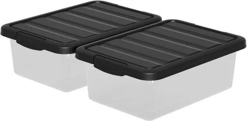 Vista 2 de Cubo de almacenamiento apilable de plástico de 14 cuartos de galón, caja de almacenamiento básica transparente con tapa negra (paquete de 2)