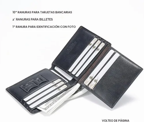 Vista 4 de Billetera de piel triple con bloqueo RFID para hombre con 2 ventanas de identificación, 2 compartimentos para efectivo, 6-8 ranuras para tarjetas