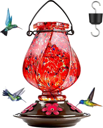 Vista 13 de BOLITE - Alimentador de colibríes, de vidrio soplado a mano, para colgar en exteriores, con trampa para hormigas y 5 puertos de alimentación, 22