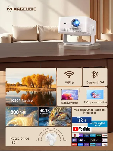 Vista 2 de [Android 14 y 800ANSI] Mini proyector Magcubic 4K 8K, compatible con proyector inteligente nativo 1080P con WiFi 6, Bluetooth 5.4, enfoque
