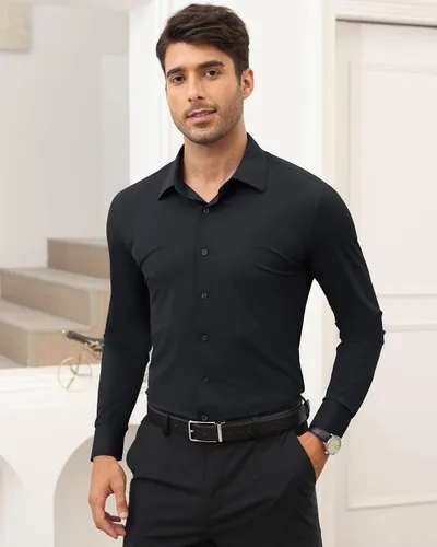 Vista 6 de Lusead Camisa de vestir de alta elasticidad para hombre, sin arrugas, manga larga, ajustada, casual, con botones