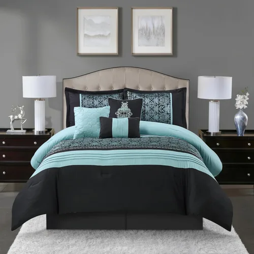 Vista 9 de Juego de edredón damasquino plateado/marfil de California con diseño de patchwork, 8 piezas, juego de ropa de cama premium de jacquard para todas