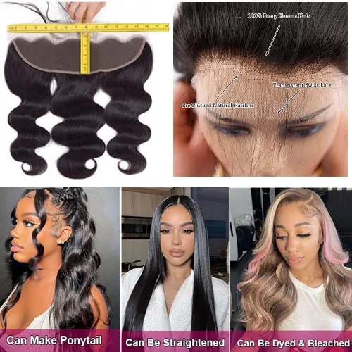 Vista 5 de 13x4 Cierre frontal de encaje de oreja a oreja con onda corporal, cabello humano brasileño virgen, encaje transparente HD, con cabello de bebé