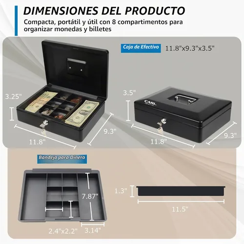 Vista 5 de CARL, CUI82012, bandeja de billetes de acero caja de seguridad, color negro 4 x 9 pulgadas
