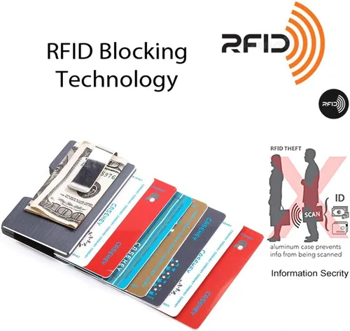 Vista 5 de Cartera minimalista de bloqueo RFID con bolsillo completo de metal Tarjetero de bolsillo Cartera de protección NFC, delgada para hombre, Gris