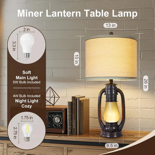 Vista 2 de Juego de 2 lámparas de mesa de linterna vintage de 26 pulgadas, lámpara de mesita de noche retro con luz nocturna y pantalla de lino, lámpara
