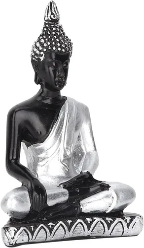 Vista 2 de Estatua de Buda - Adorno artesanal de resina, mejora el Feng Shui para budistas y amantes del arte (plata vintage)