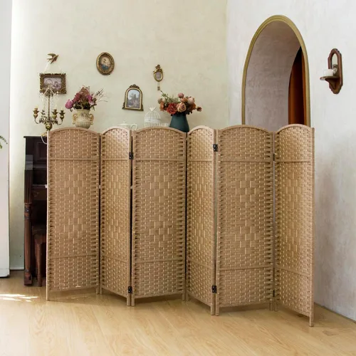 Vista 7 de Divisor de habitación corto compacto de 3 paneles, pantalla plegable de ratán de doble cara de 47.2 pulgadas de alto para el hogar y la oficina