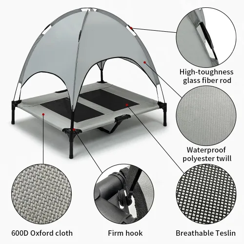 Vista 3 de Cama elevada impermeable para perros con toldo y malla de refrigeración – Cuna elevada portátil para perros grandes, tienda de campaña